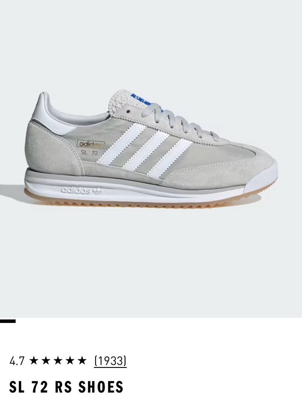 adidas SL 72 RS Sneakers in Light Grey & White with Gum Sole Men 6.5 /Women 7.5